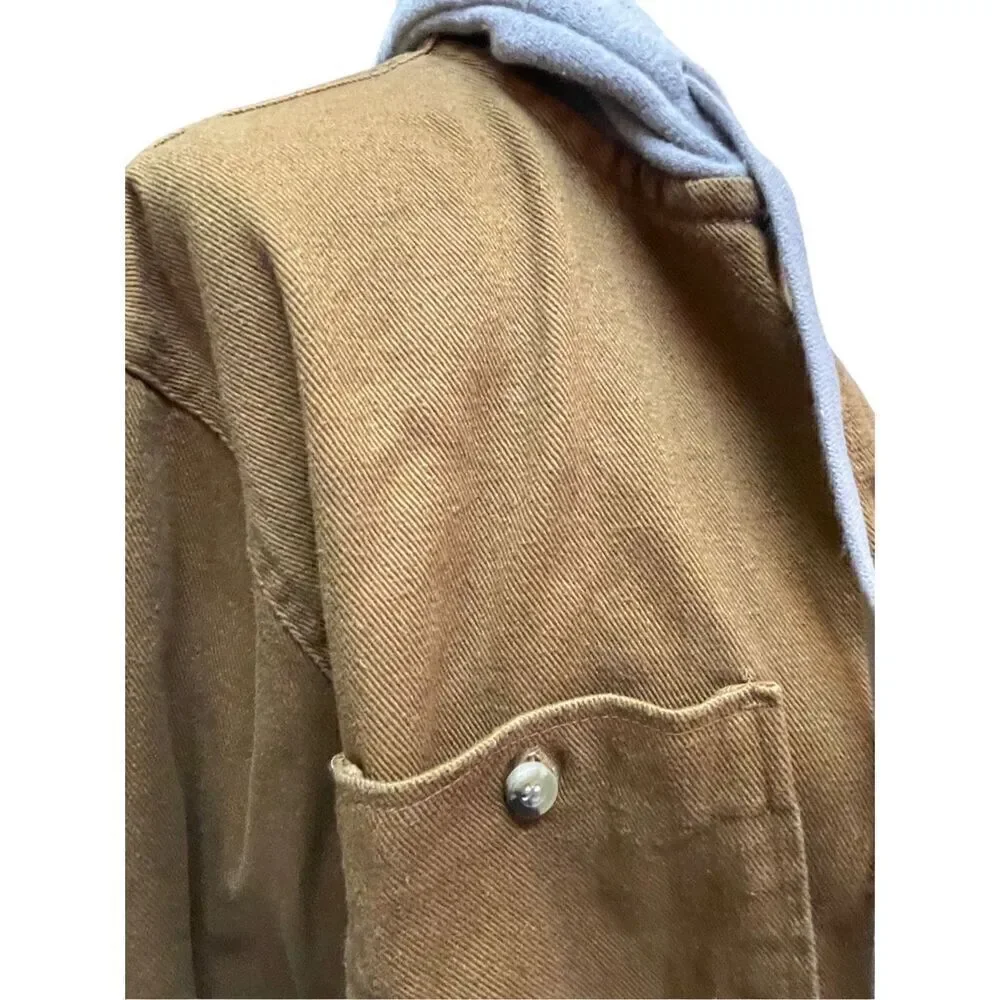 Valor Collective Canvas Denim Tan Button Down Jacket With Gray Hood Size Medium-